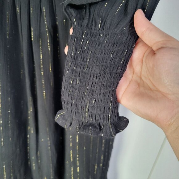 OAT New York Women's Dress Black Gold Metallic Pinstripe Midi Smocked NWT - Picture 4 of 8